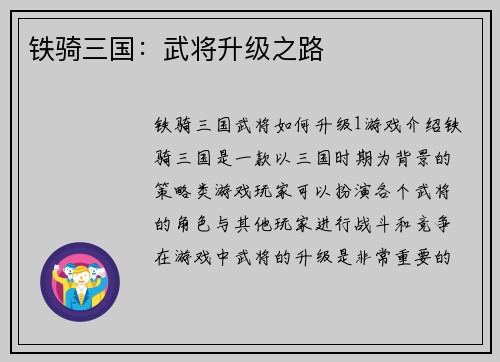 铁骑三国：武将升级之路